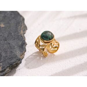 Green African Turquoise Stone 18K Gold Plated Leaf Stainless Steel Cocktail Ring